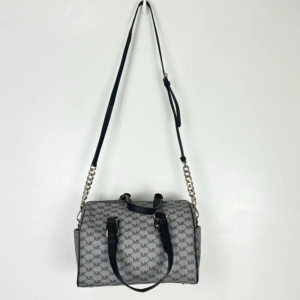 Michael Kors Grayson Large Satchel MK Signature Gray Black with Gold Hardware